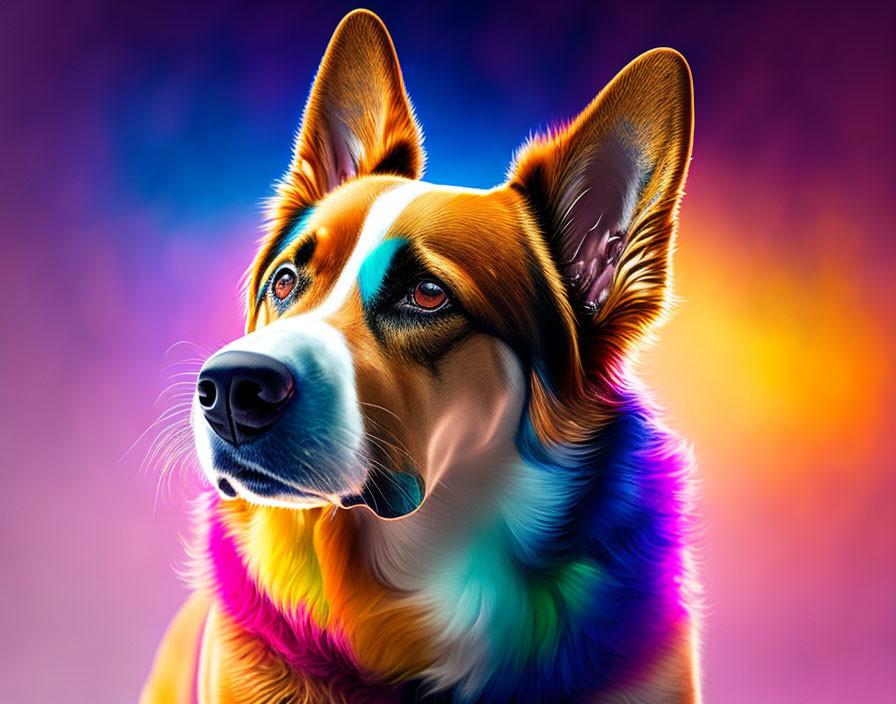 Multicolor Dog Artwork on Purple and Orange Background