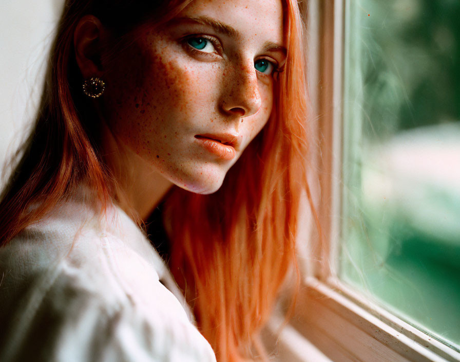 Red-haired woman in white blouse gazes out window with green background