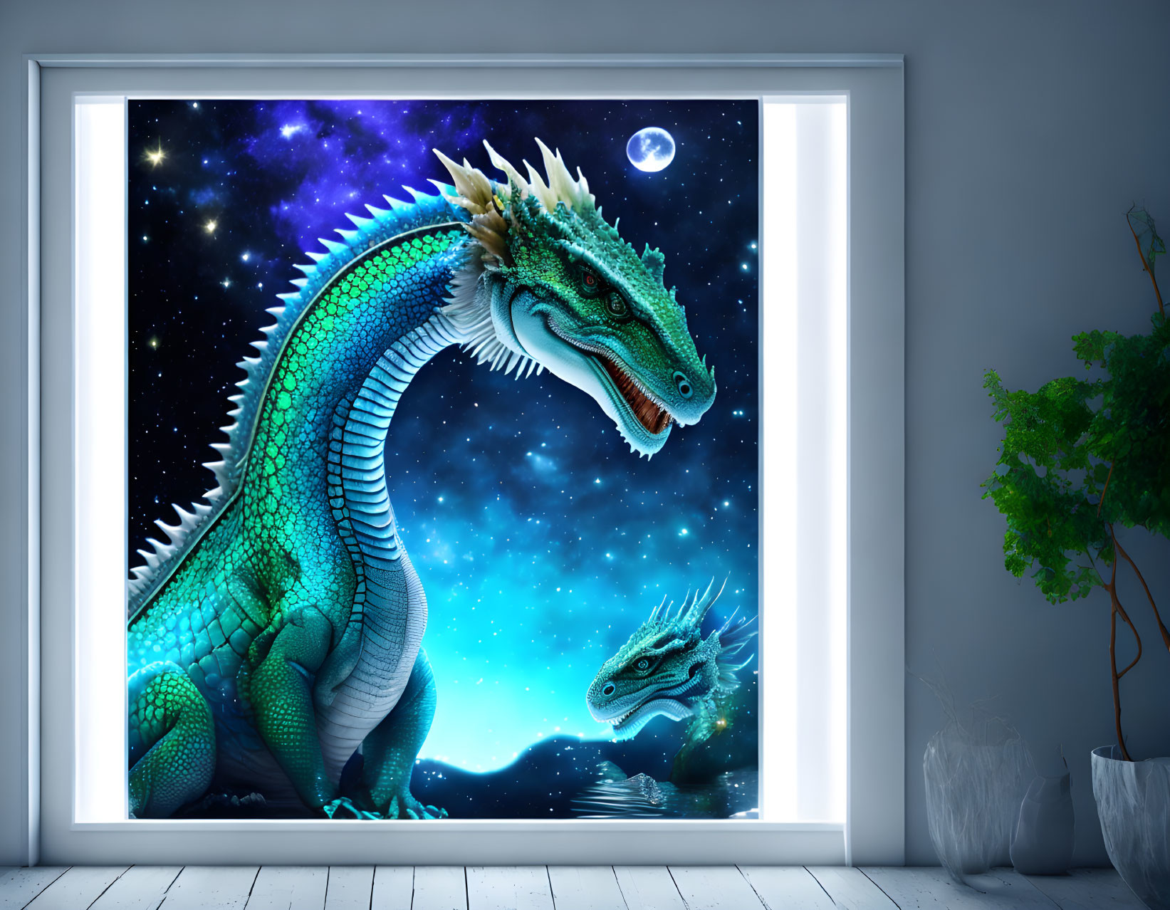 Majestic blue-green dragon in cosmic night sky room