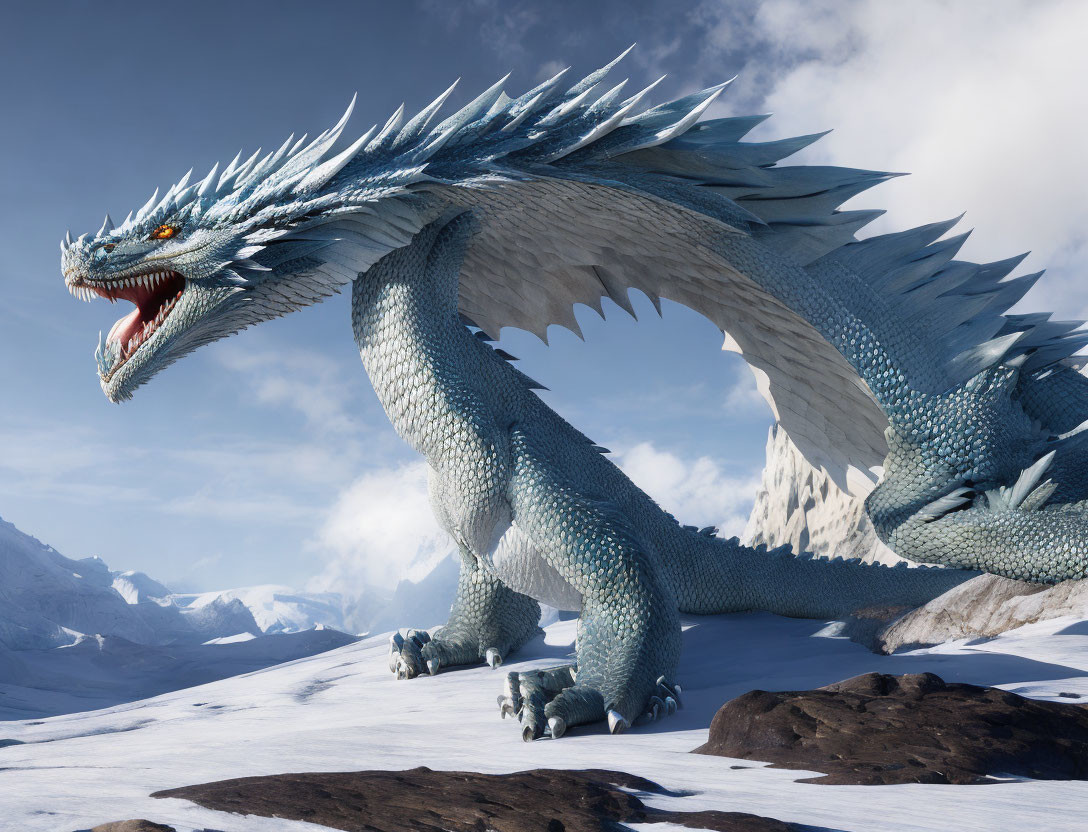 Blue dragon with spikes in snowy mountain landscape