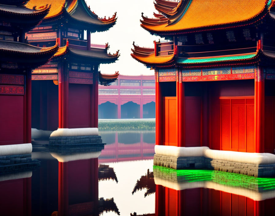 Traditional Chinese Architecture with Ornate Rooftops and Red Walls Reflected in Water at Sunset