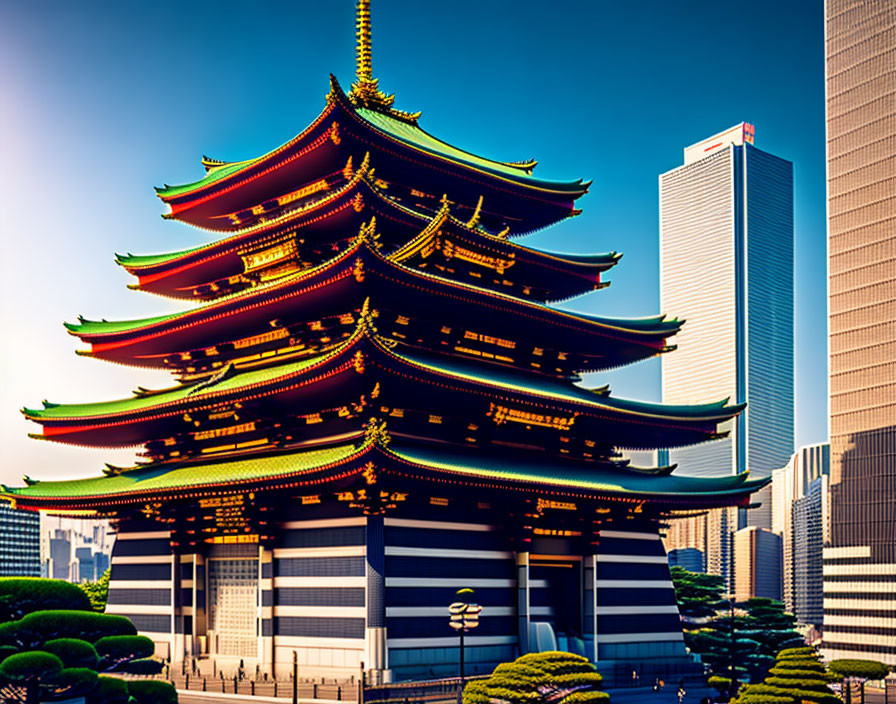 Traditional five-story pagoda beside modern skyscrapers under clear blue sky