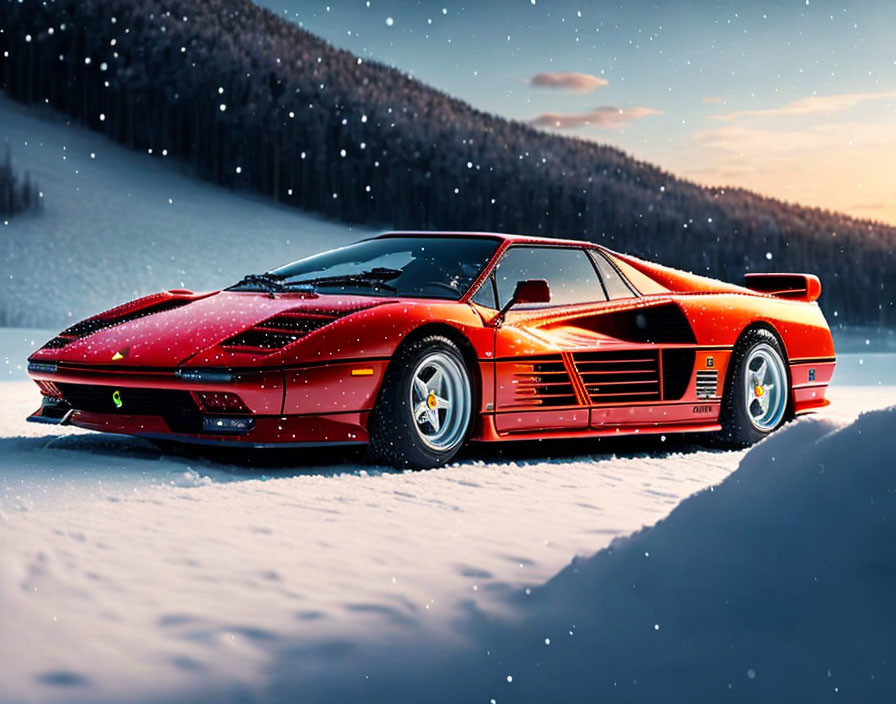 Red Ferrari Testarossa on Snowy Landscape at Dusk