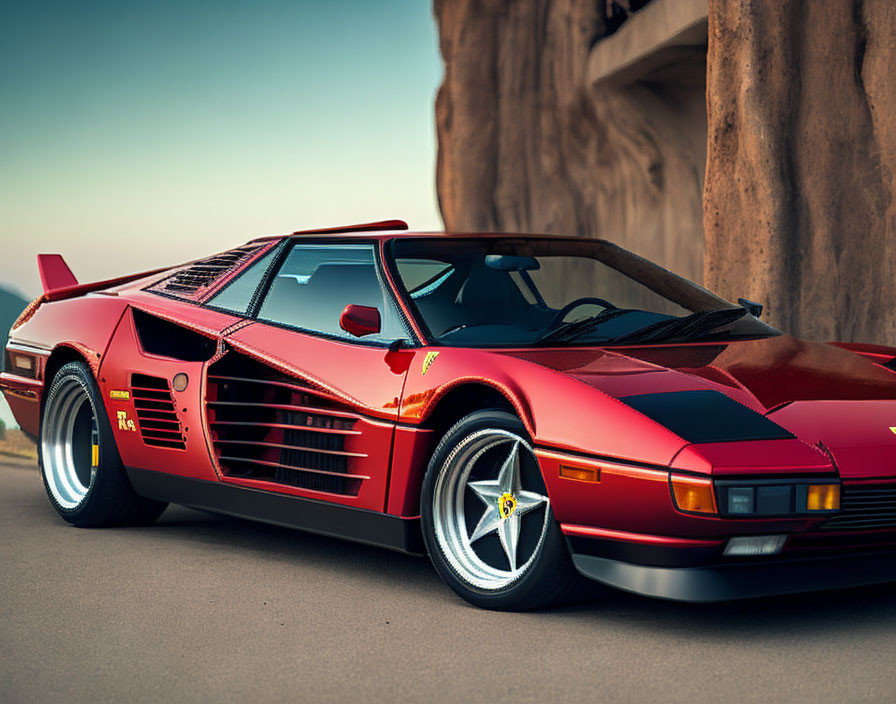 Vintage Red Ferrari Sports Car with Side Strakes and Pop-Up Headlights in Desert Setting