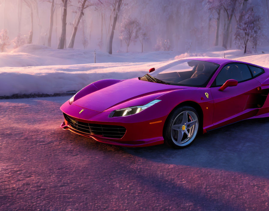 Red Ferrari parked on snow-lined road at dusk with frost-covered trees.