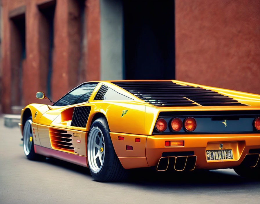 Yellow Ferrari Testarossa with Side Strakes and Black Trim Parked by Terracotta Wall