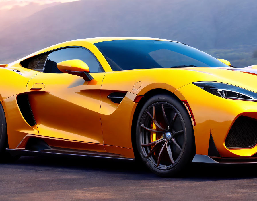 Vibrant Yellow Sports Car with Aerodynamic Design and Black Rims parked against Dusk Hills