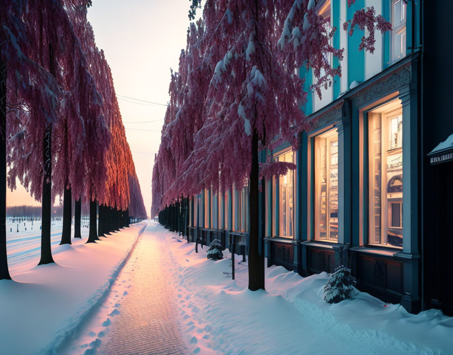 Snowy pathway with pink trees and glowing sun near reflective building