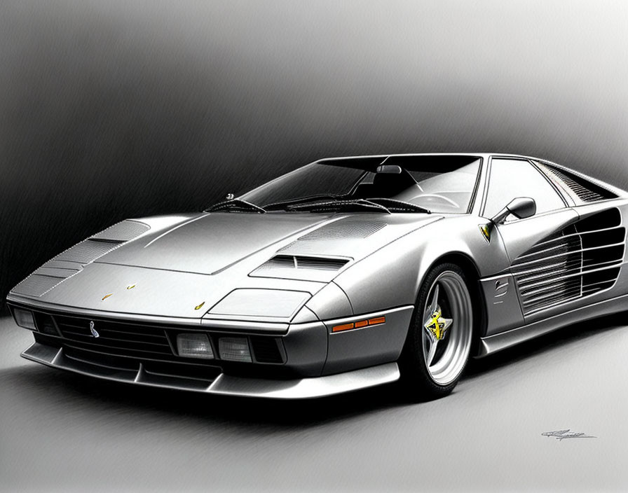 Detailed Pencil Sketch of Silver Ferrari Sports Car