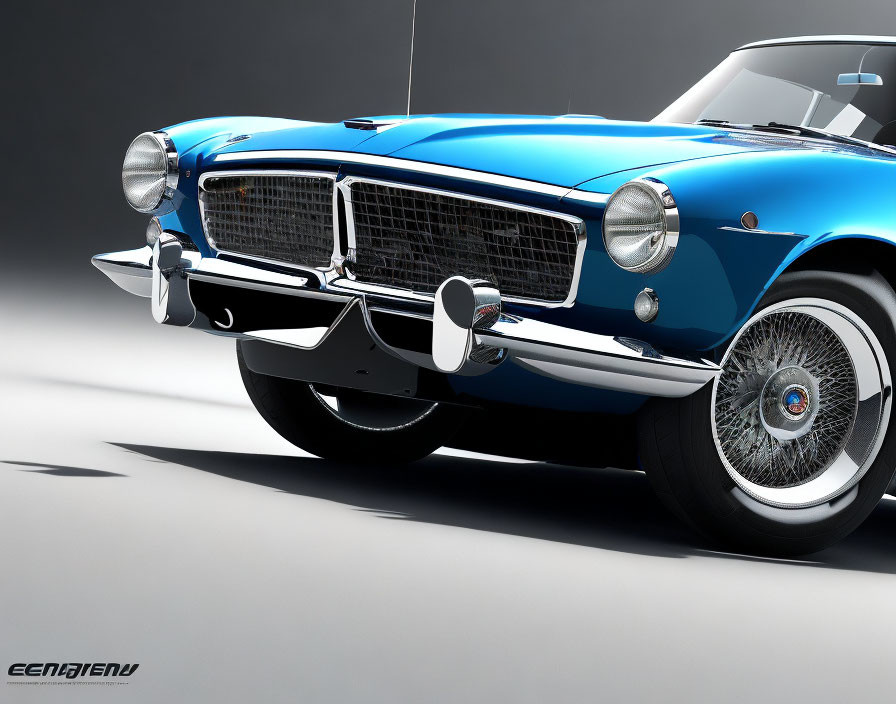 Blue Sports Car with Chrome Grille and Wire Wheels on Gradient Background