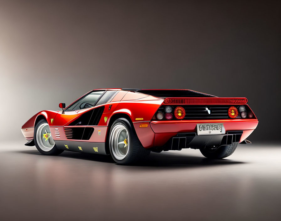 Red Ferrari 288 GTO with black trim and yellow emblem on gradient studio backdrop