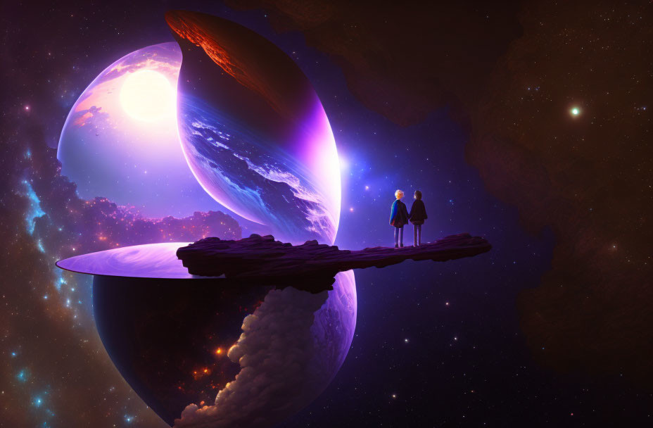 Two people on floating rock platform observing planet and moons in space.