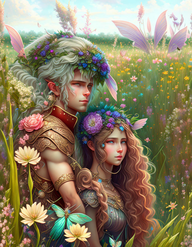 Fantasy illustration of male and female figures in floral crowns among lush greenery and butterflies
