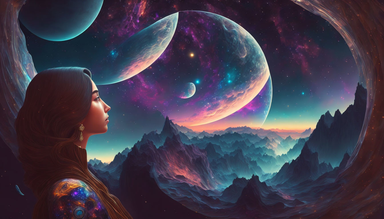 Woman with Galaxy-Themed Hair in Surreal Cosmic Landscape