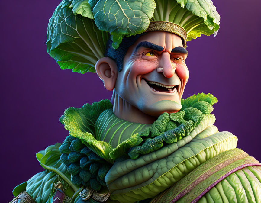 Whimsical character with cabbage leaf hat and collar in 3D illustration