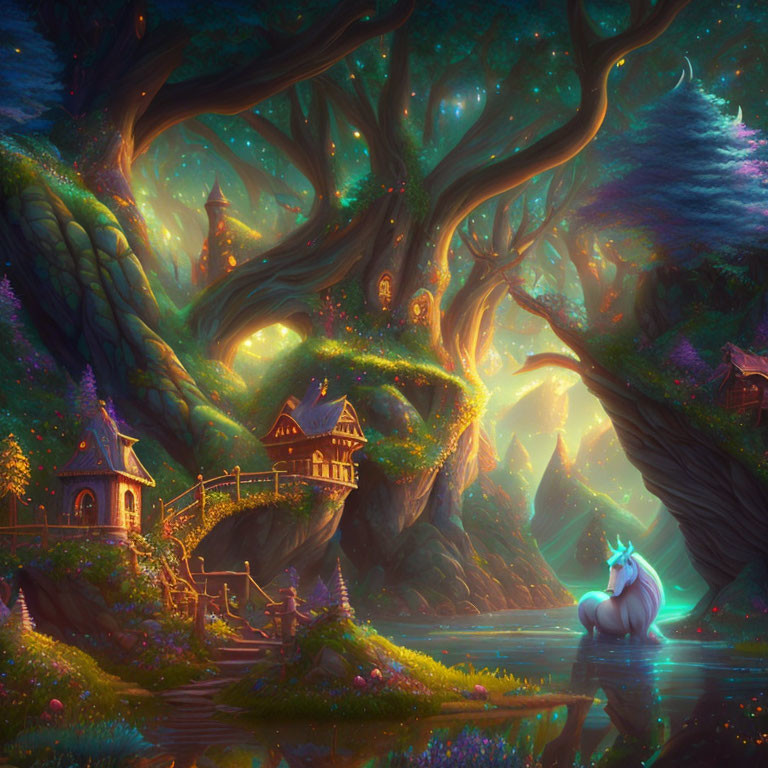 Enchanting Twilight Forest Landscape with Glowing Trees and Unicorn