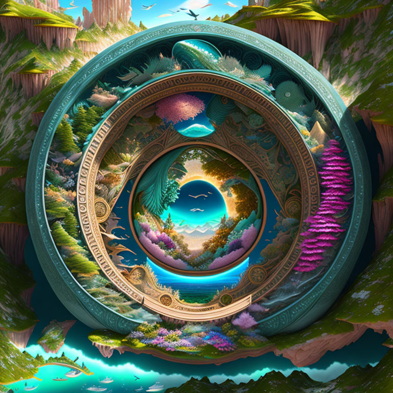 Circular portal with intricate designs revealing vibrant landscape.