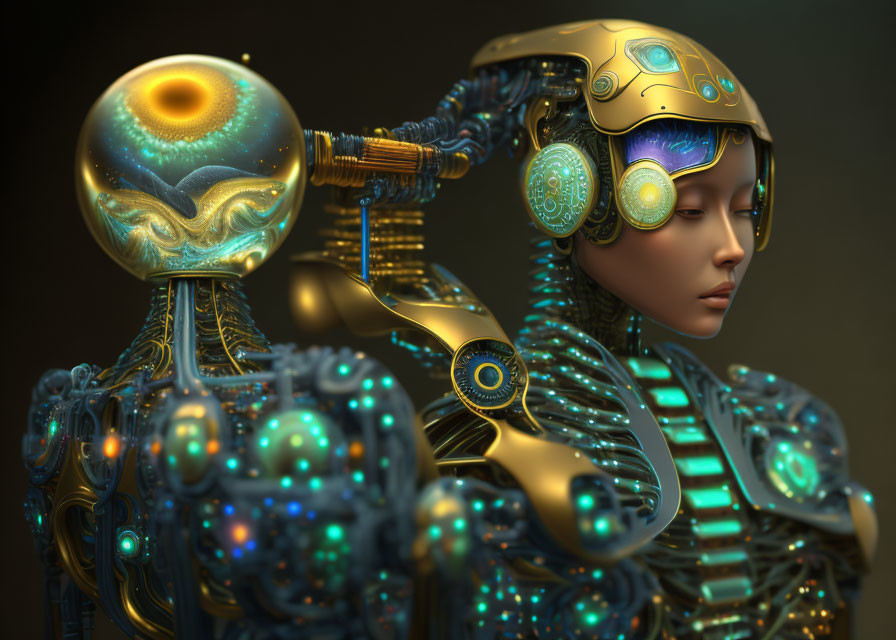 Futuristic female android with golden and turquoise patterns and glowing orbs.