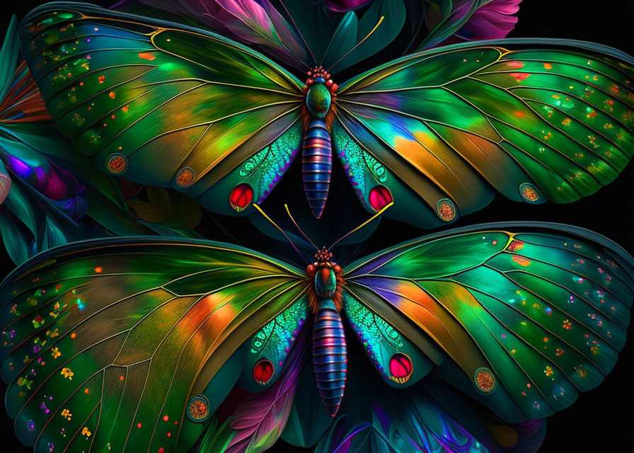 Vibrant digital art: Two iridescent butterflies on dark background