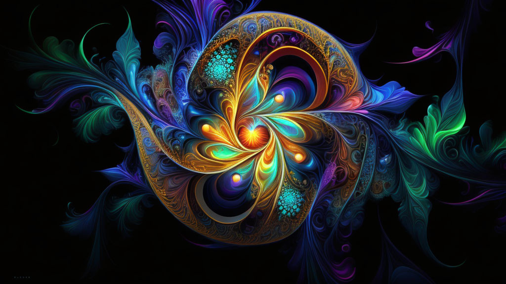 Colorful fractal flower art in blue, orange, and purple