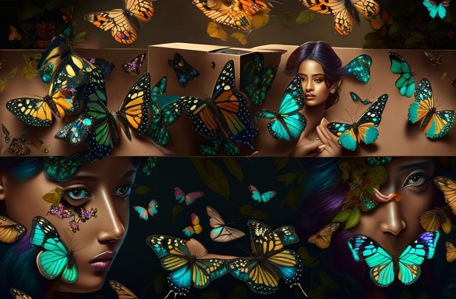 Woman surrounded by vibrant butterflies in dark botanical background