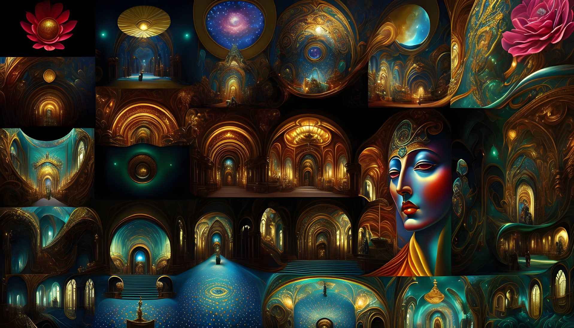 Vibrant surreal collage: cosmic, architectural themes, celestial bodies, interiors, stylized female.