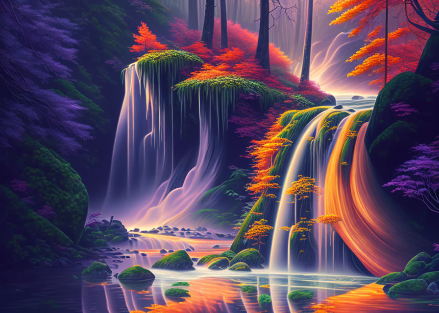 Vibrant waterfall in mystical forest with autumn trees and serene pool