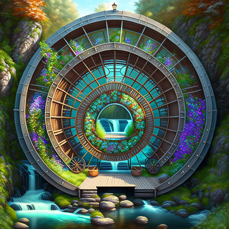 Circular Waterfall Structure in Tranquil Forest Setting