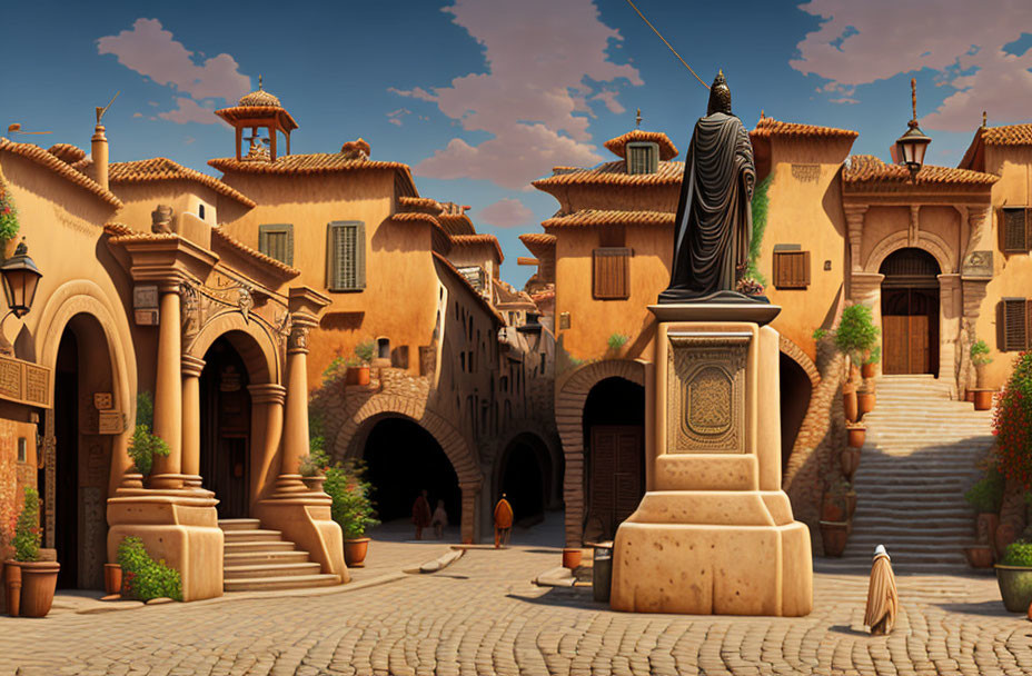 Mediterranean-style village with cobblestone streets, arches, warm-toned buildings,