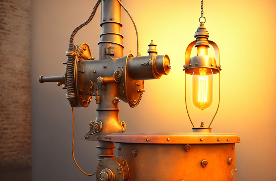 Intricate Steampunk-Style Metalwork Lamp on Orange Background