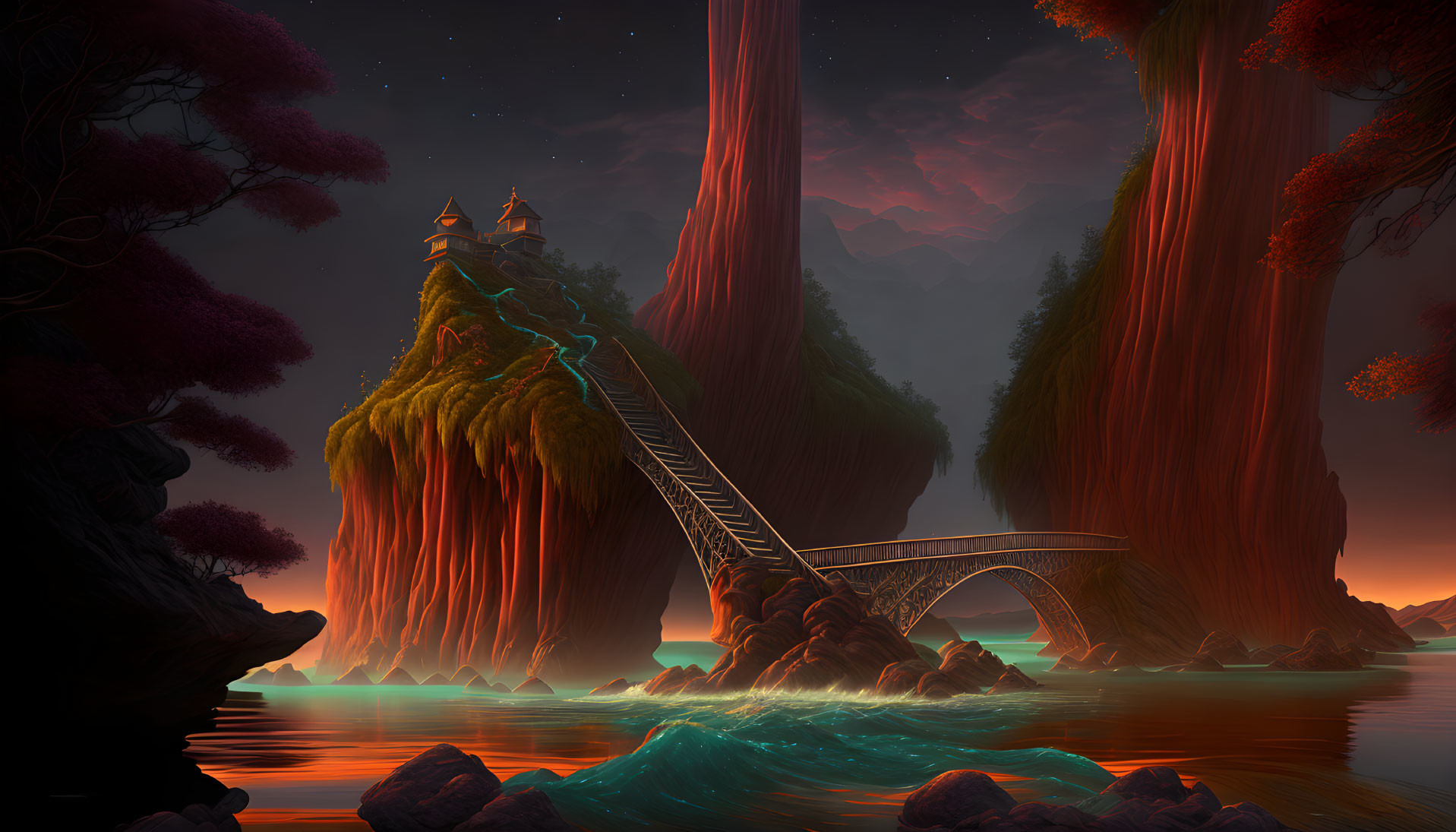 Mystical landscape with red trees, illuminated bridge, staircase, and cliff-top castle.