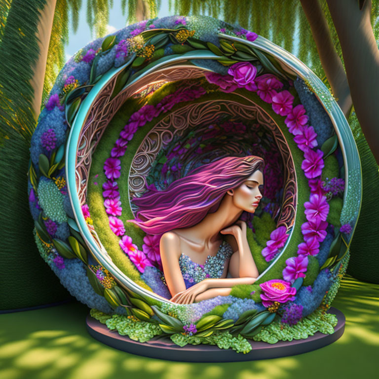 Pink-haired woman surrounded by lush flowers in circular frame.