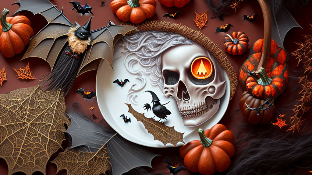 Skull with Orange-Lit Eye Among Pumpkins, Bats, and Spiderwebs