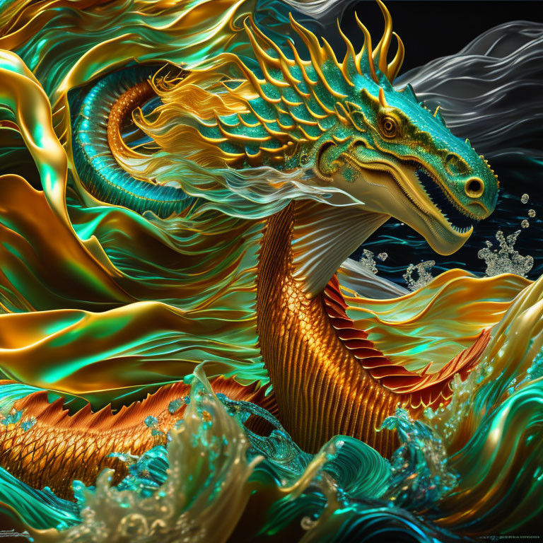 Vivid Golden Dragon Artwork with Detailed Scales and Waves