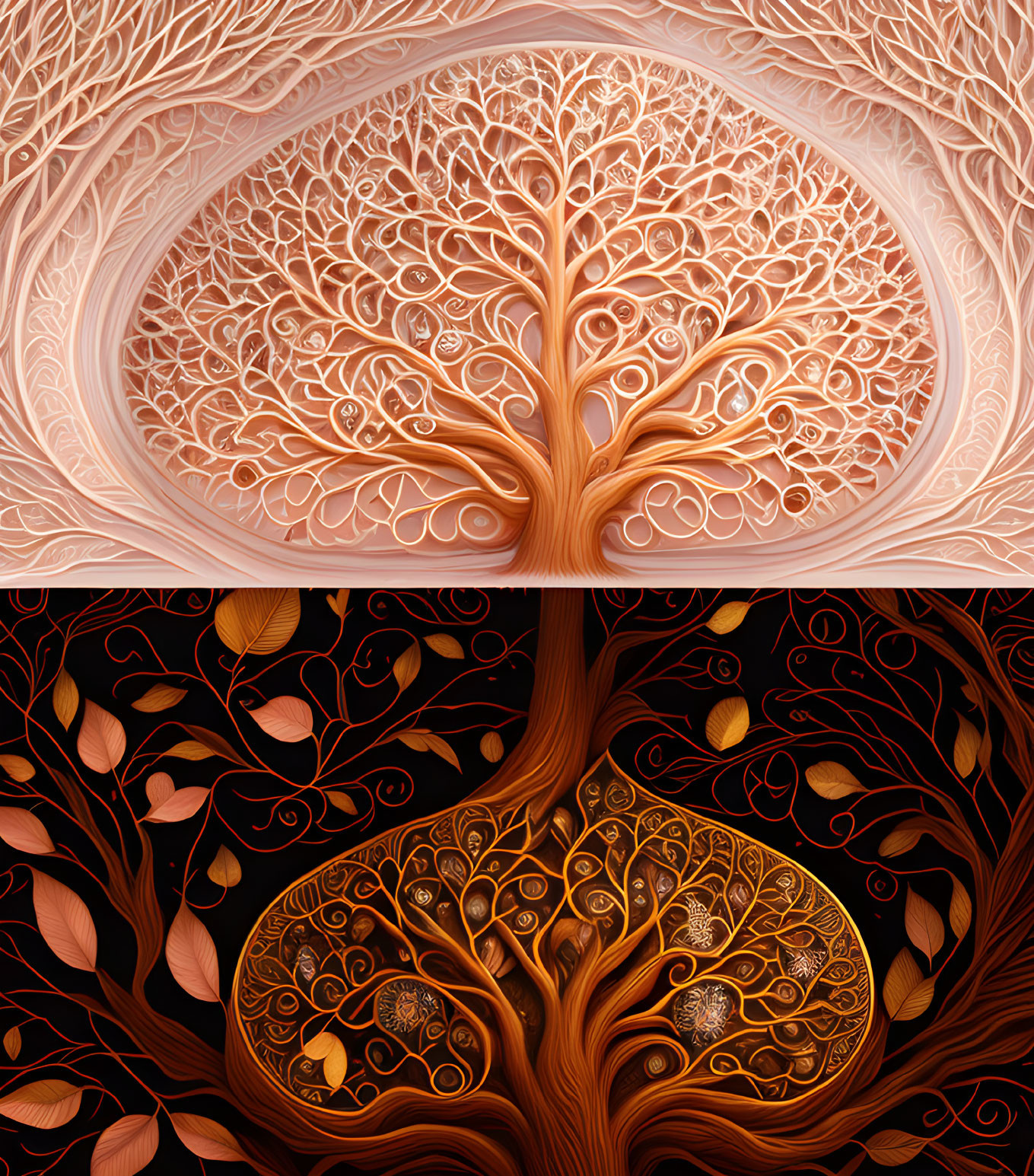 Stylized image of two trees with intricate branches in warm tones