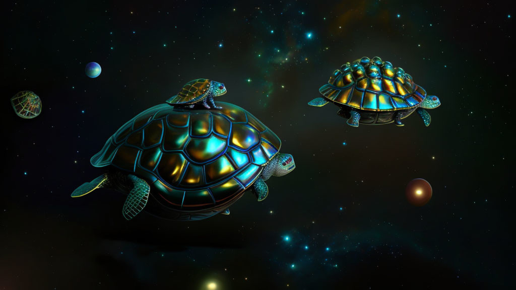 Metallic turtles with glowing shell patterns in space among stars and planets.