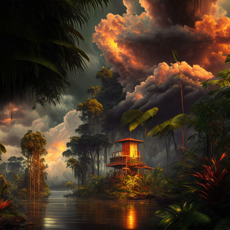 Riverside scene at dusk with towering treehouse in lush jungle landscape