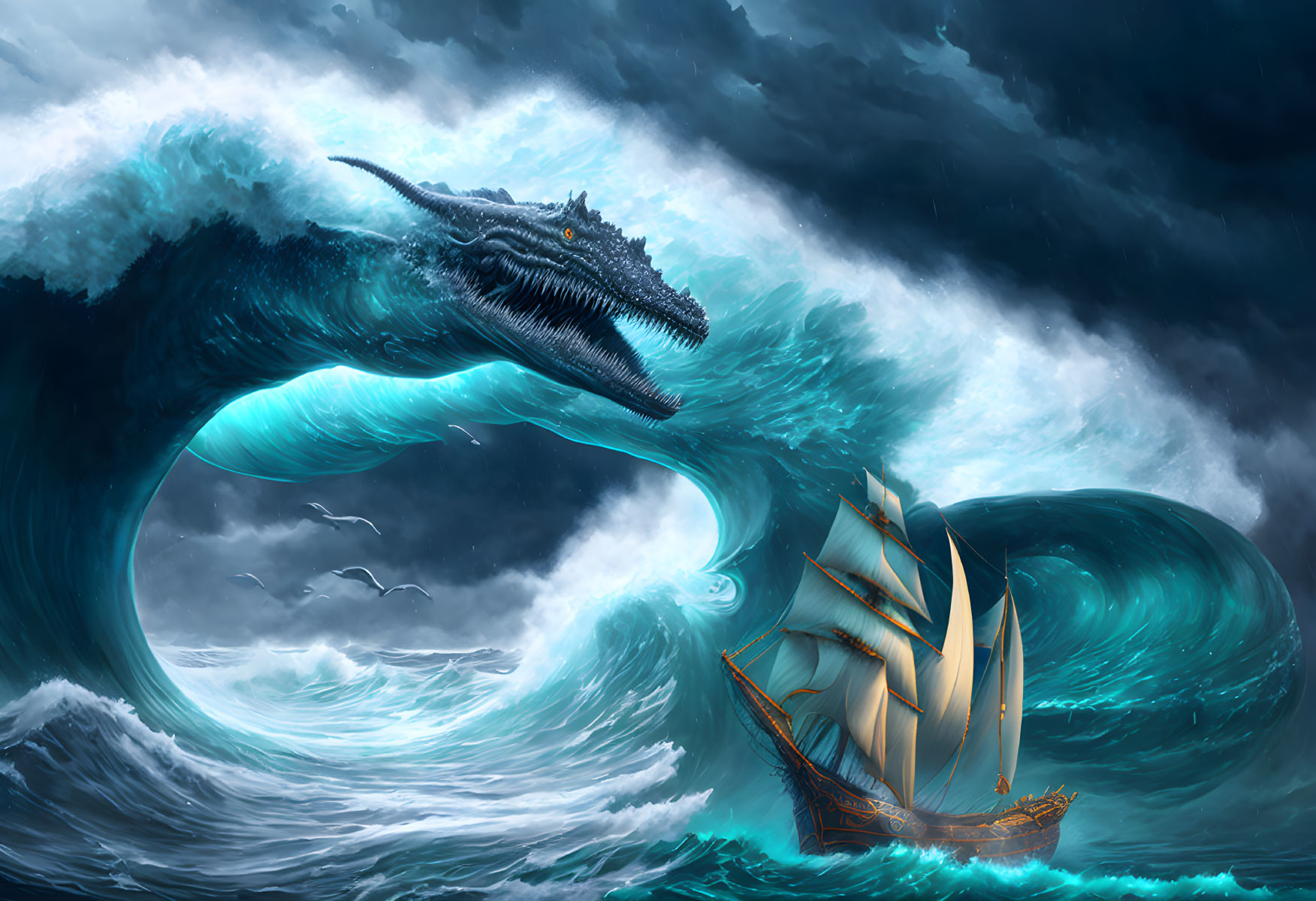 Gigantic sea serpent above stormy ship in dark sky