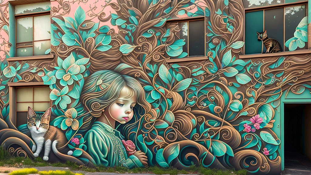 Vibrant mural featuring pensive girl, cats, and elaborate flora