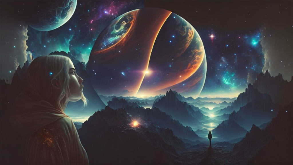 Woman gazes at cosmic landscape with giant planets and stars