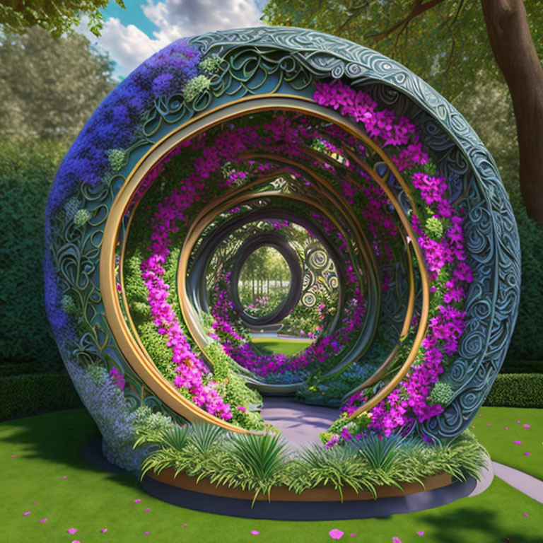 Vibrant Flower Adorned Circular Archways in Lush Garden