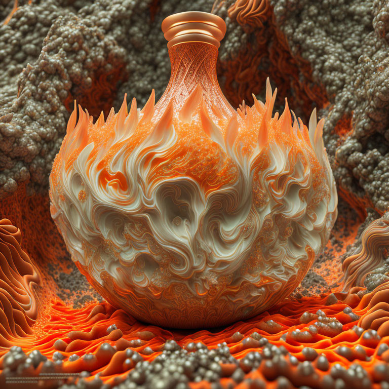 Fiery orange vase with swirling patterns on coral-like surface