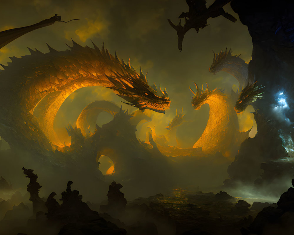 Two dragons breathe fire in a cave with a glowing crystal and shadowy figures in a misty setting