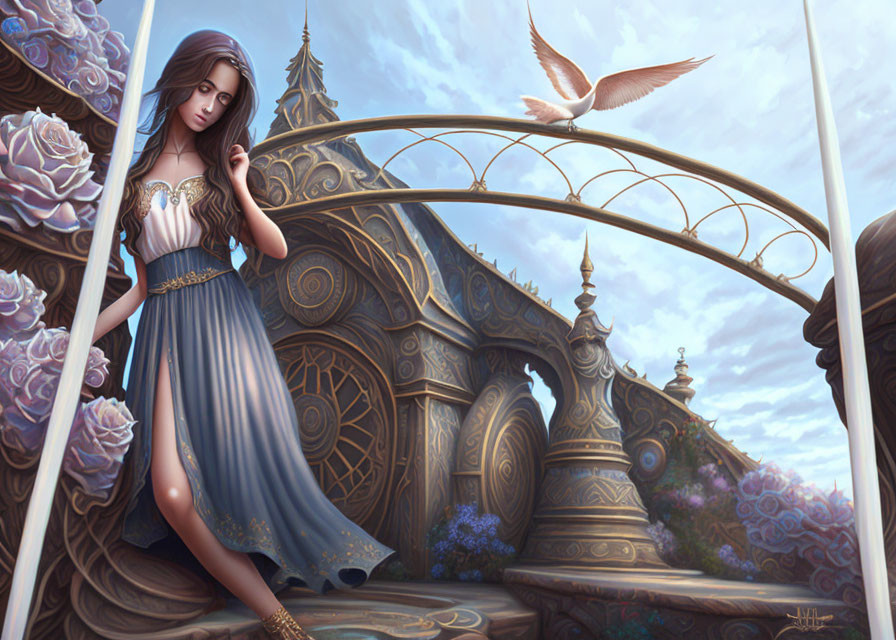 Woman in blue dress on ornate balcony gazes at fantastical landscape with flying bird