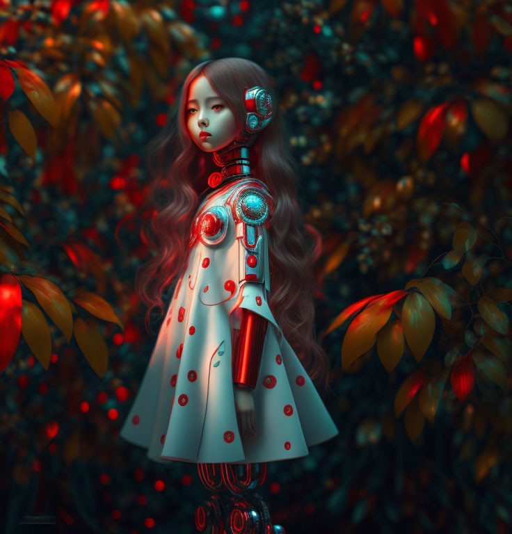 Stylized image of girl with mechanical features among red-leafed trees