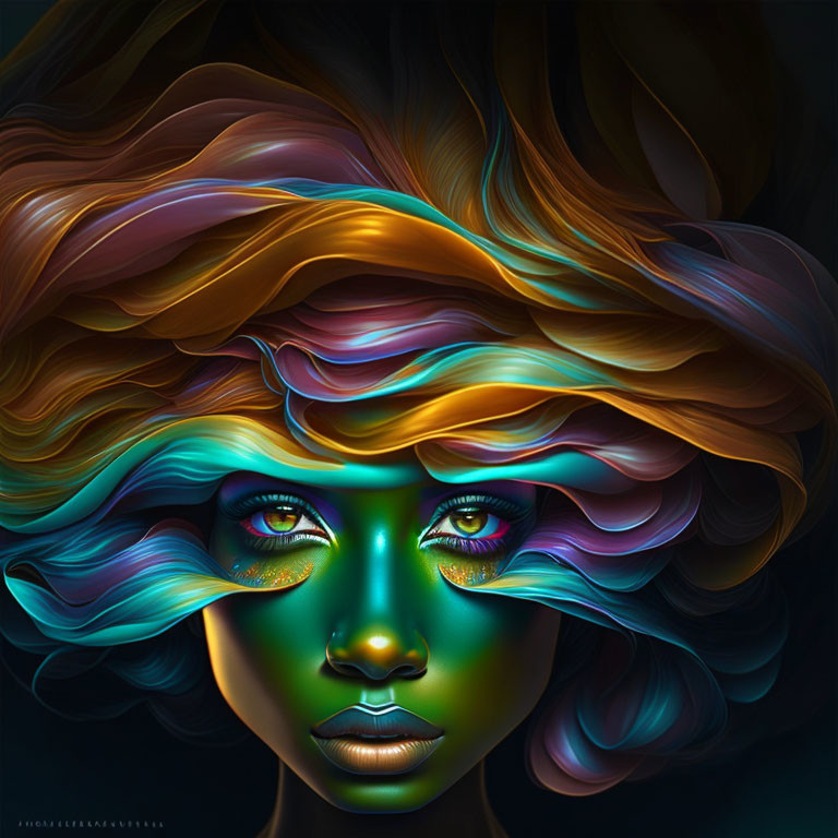 Multicolored hair woman with glowing green eyes on dark backdrop