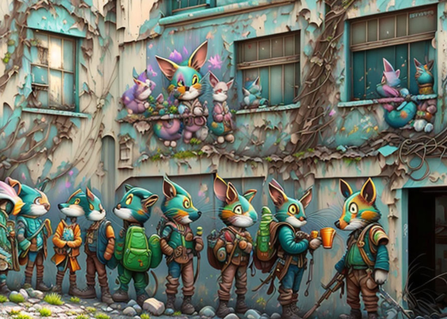 Fantasy-themed anthropomorphic cat parade with colorful attire and whimsical feline motifs