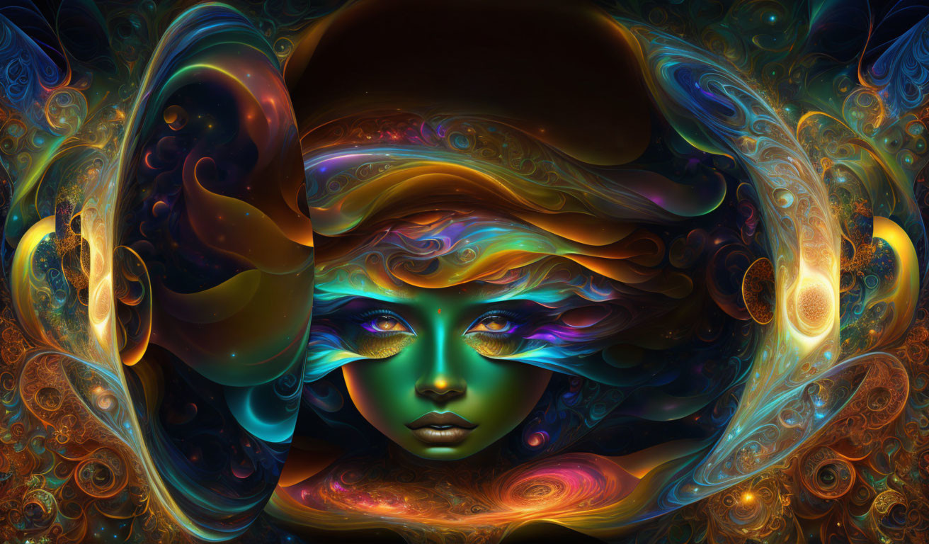 Colorful digital art: Ethereal female face with swirling patterns