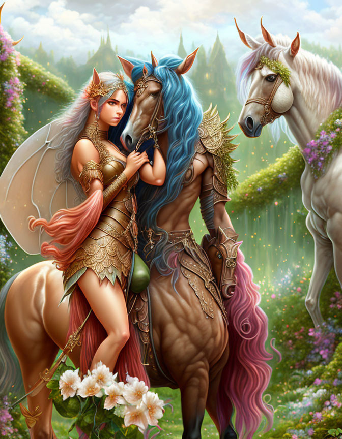 Fantasy illustration of fairy in armor embracing horse in floral landscape