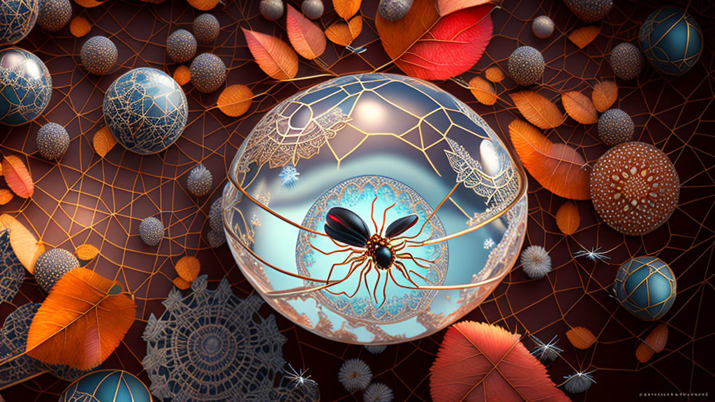 Spider on reflective globe surrounded by colorful leaves and intricate orbs